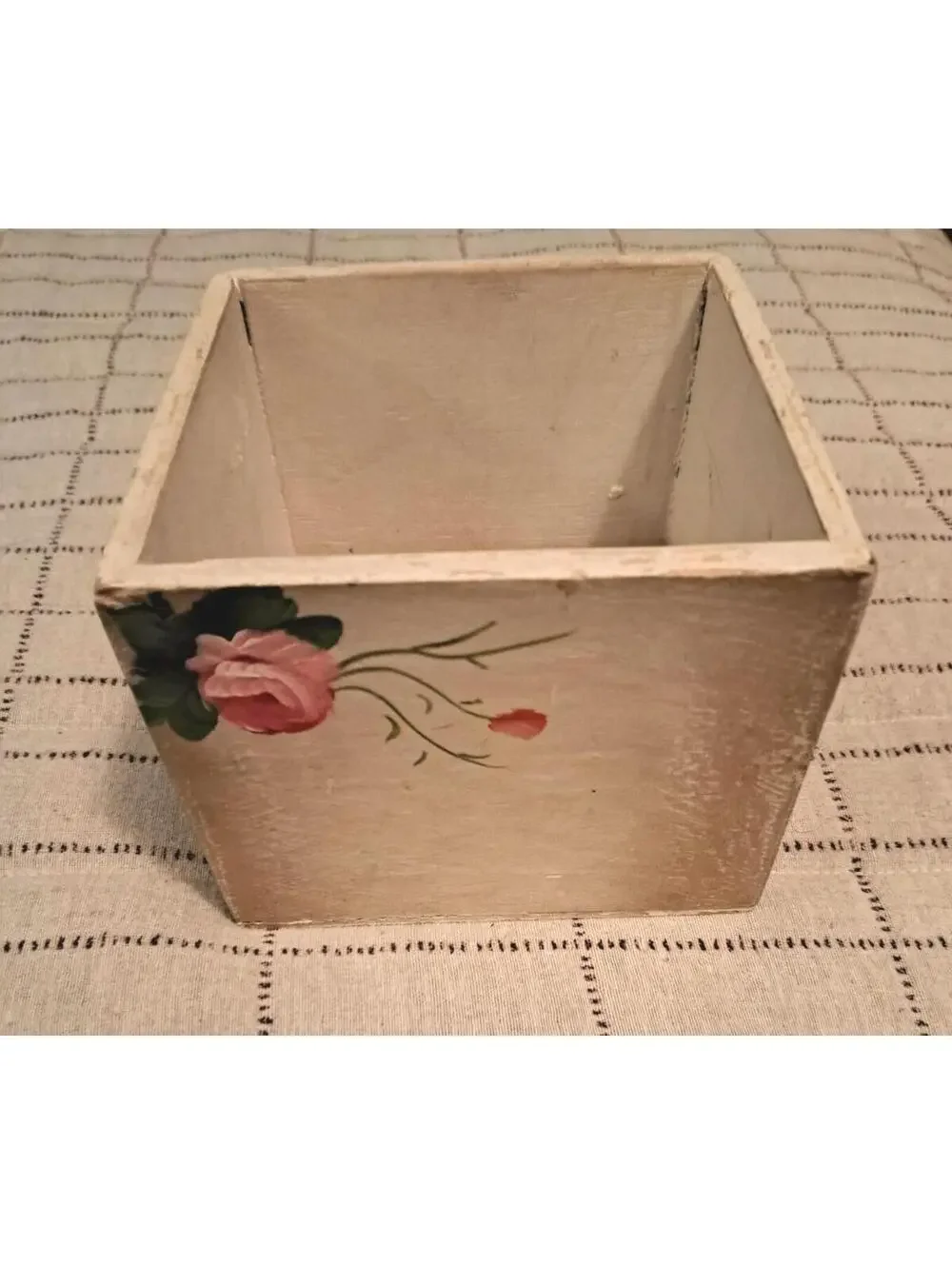 Vintage Hand-painted Country Pink Rose Wood Box/Planter/Desk Organizer
